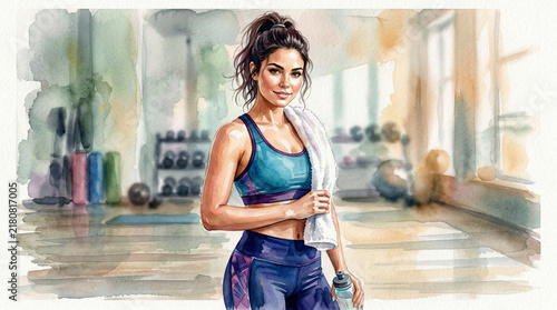 Fit woman holding a water bottle in a gym setting  