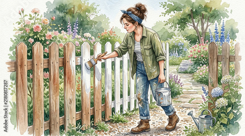 Young woman painting a white picket fence in a colorful garden  