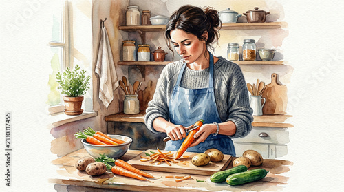 Woman chopping vegetables in a cozy kitchen with natural light  