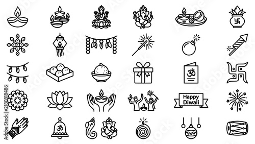 Minimalist Diwali celebration line icon set