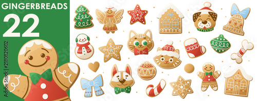 Set of sweet glazed Christmas cookies with snowman, fir tree, star, angel, candy and festive treats in a sweet holiday set. A cute glazed homemade baked goods