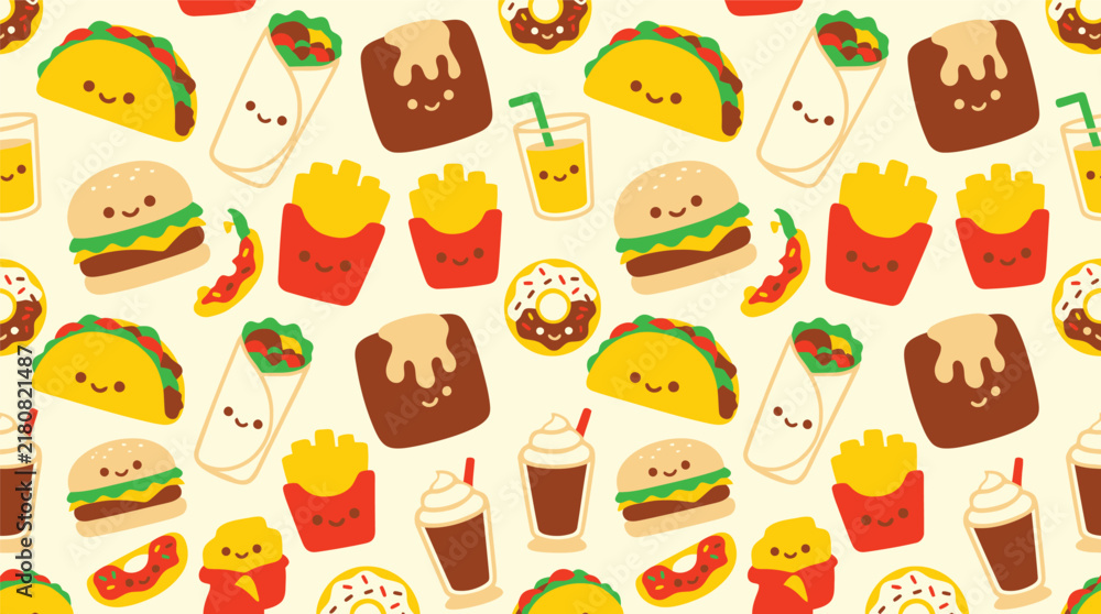 Fototapeta premium Cute Kawaii Fast Food Seamless Pattern Vector. Flat vector illustration EPS 10.
