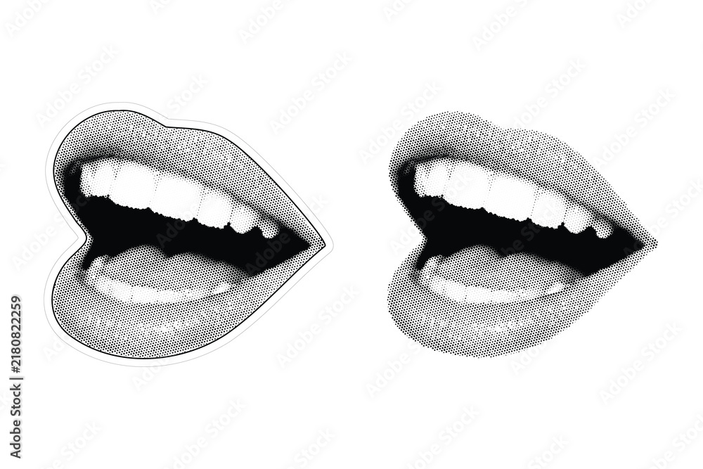 Fototapeta premium Vintage Halftone Open Mouth Lips Vector - Retro Pop Art Smile Set