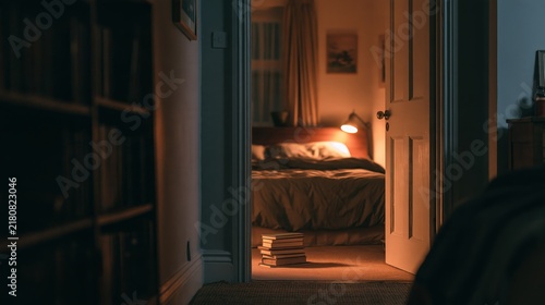 A softly lit bedroom seen through a door left ajar at night with cinematic night lighting
