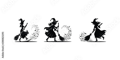 Obraz na płótnie A collection of three black silhouettes featuring spooky witches with pointed hats and broomsticks isolated on a plain white background for Halloween