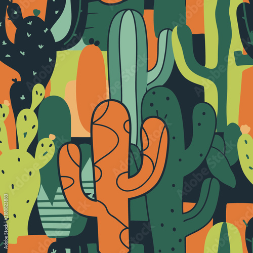 Colorful cactus pattern in various shades of green, orange, and dark colors. Abstract cactus shapes with geometric elements, creating a lively and playful desert scene.