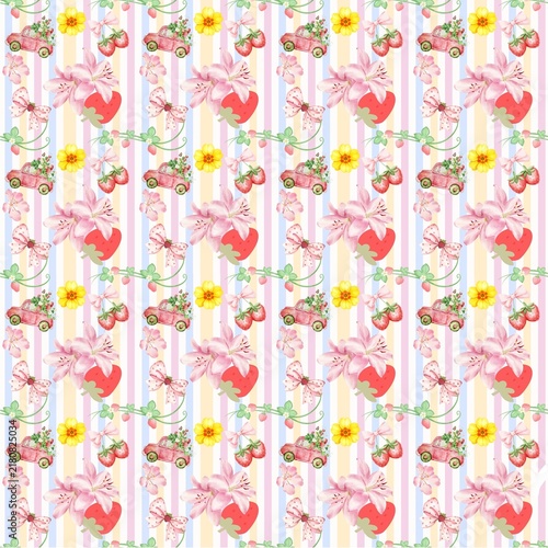 Cute Strawberry Floral Seamless Pattern with Vintage Pink Car and Pastel Stripes