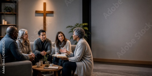Diverse group of men and women studying bible together at church small group meeting. Christian fellowship and faith community with wooden cross on wall.