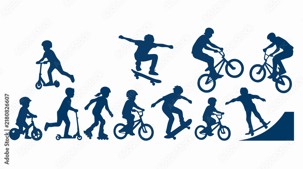 Fototapeta premium Kids and teenagers silhouettes enjoying various wheeled recreational activities