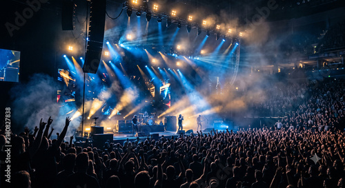 Blue concert stage spotlight background with dramatic live music lighting smoky atmosphere audience silhouettes and entertainment event wallpaper