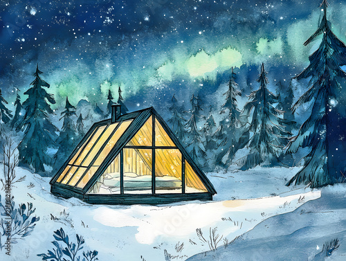 Modern Glass Cottage Glowing in a Magical Snowy Forest at Night