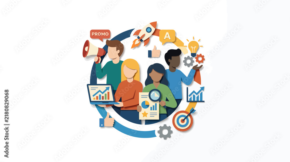 Fototapeta premium Diverse professional team working together on business growth and digital marketing strategy illustration.