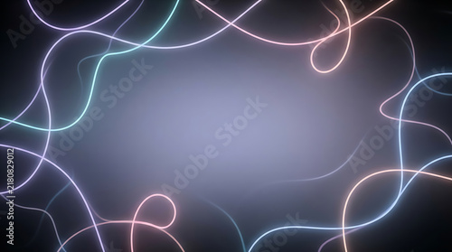 Abstract glowing light trails with curved neon lines and soft bokeh effect on a dark background
