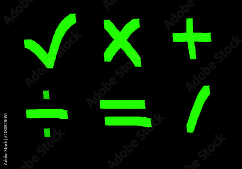 Green doodles on.a black background. Mathematical signs, symbols.
