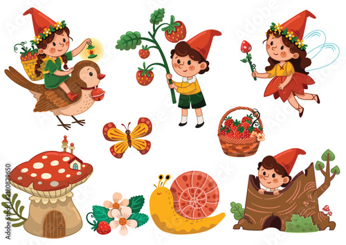 Cute Forest Gnome Kids and Strawberry Woodland Clipart Set