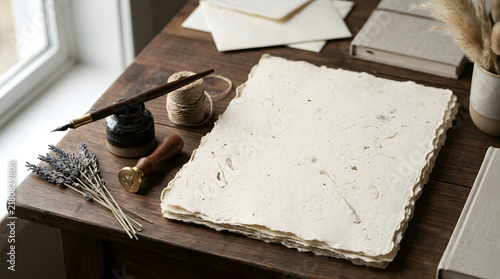 Vintage handmade paper with calligraphy pen and wax seal on wooden desk