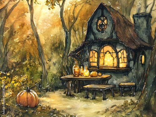 Cozy Fairy Tale Cottage Glowing in an Enchanted Autumn Forest