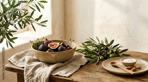 Rustic Mediterranean still life with fresh figs and olive branches