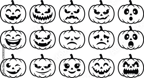 Halloween vector pumpkins with different faces and emotions