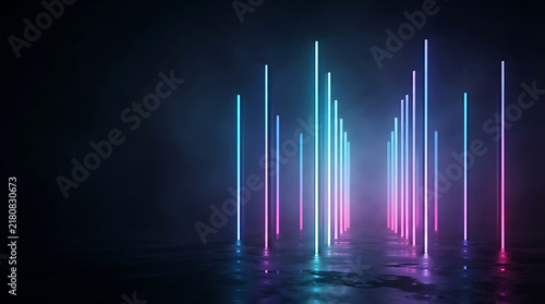 Glowing neon light poles standing in dark misty space with reflection
