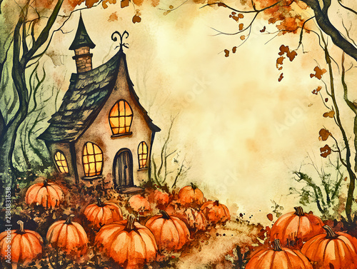 Whimsical Fairy Tale Cottage with Pumpkins in an Autumn Watercolor Illustration