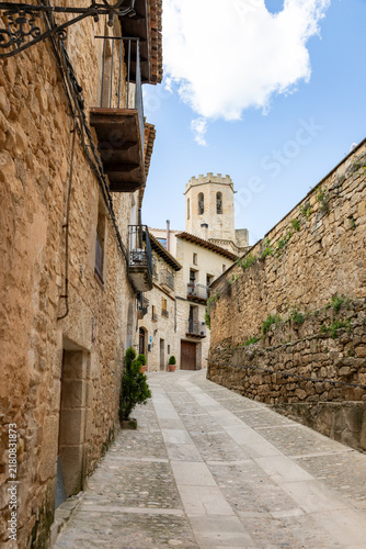 narrow street with typical houses in Valderrobres, Comarca of Matarrana, province of Teruel, Aragon, Spain