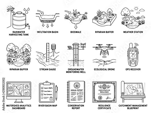 Foto Environmental management icons set, 15 water conservation and ecology line art v