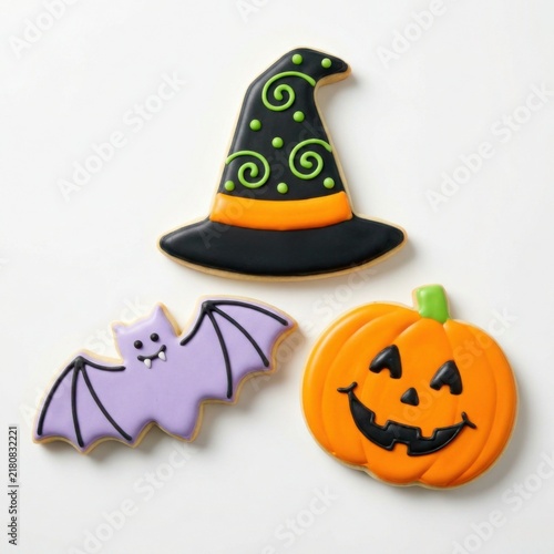 Three decorated halloween sugar cookies including a witch hat, a bat, and a pumpkin isolated on white background