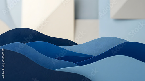 Abstract blue paper cut wave background minimal paper craft art