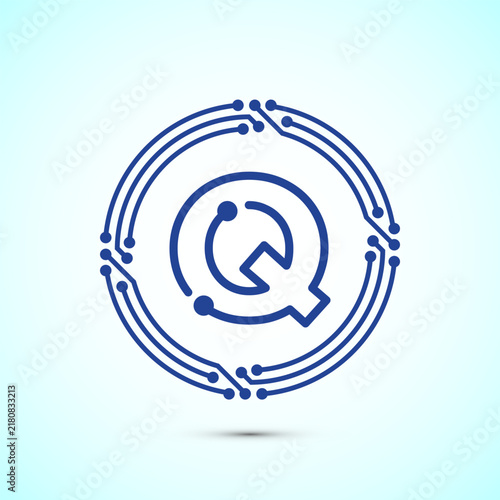 Letter Q stylized with digital circuit board blue lines for technology branding.