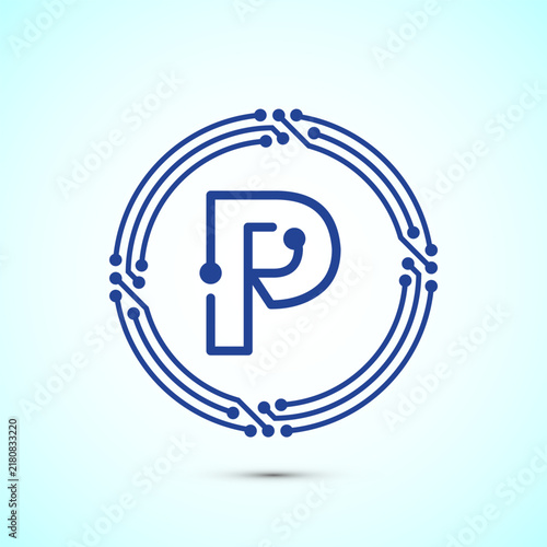 Letter p stylized with digital circuit board blue lines for technology branding.
