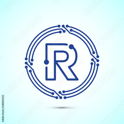 Circuit board letter R logo blue line technology icon for digital brand identity.