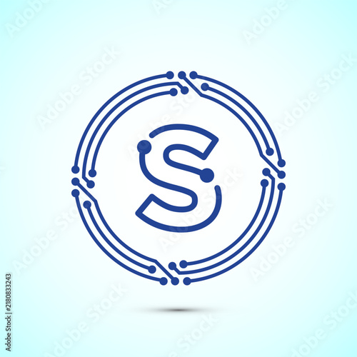 Modern circuit letter S symbol blue technology logo for electronic software brand.