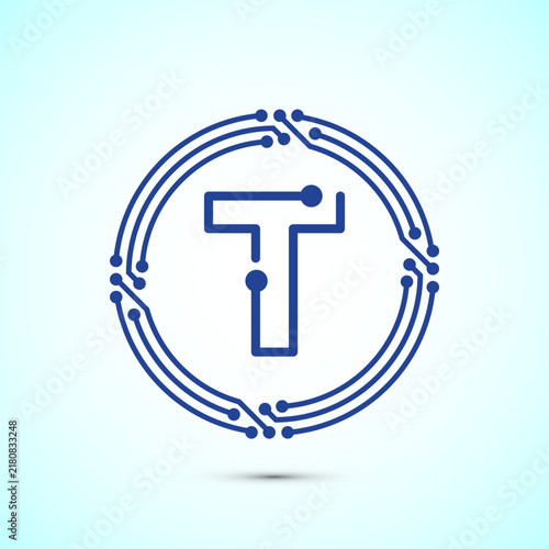 Blue line circuit letter T icon technology logo for digital data network branding.
