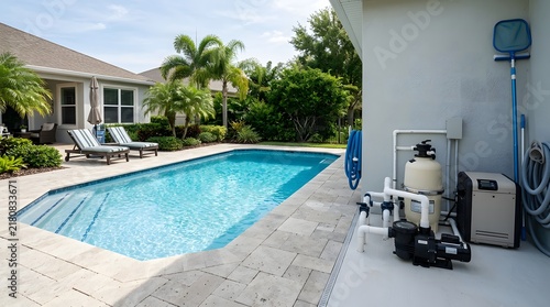 Tropical Backyard Pool With Filter Equipment and Poolside Tools