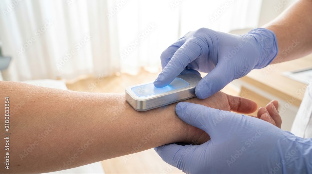 Fototapeta premium Medical professional in gloves operating a glowing, futuristic sensor on a patient's wrist, focusing on health monitoring and diagnostic technology