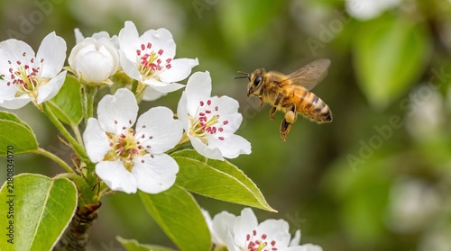 Close up of a honey bee approaching white pear tree blossoms in full bloom spring