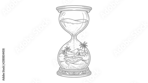 Принти на полотні Time's Embrace: An hourglass creatively encapsulates a miniature tropical island paradise, symbolizing the ephemeral nature of time and treasured moments