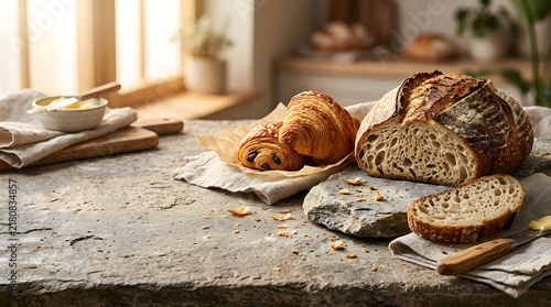 Fresh sourdough bread and French pastries on rustic kitchen table