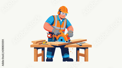 Construction Worker Cutting Wood with Circular Saw