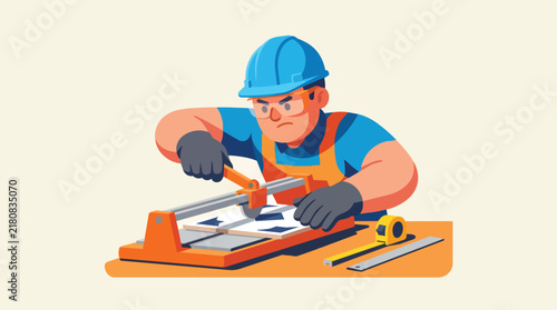 Construction Worker Cutting Tile with Saw