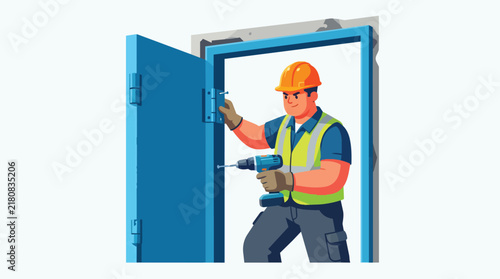 Construction Worker Installing Steel Door Frame