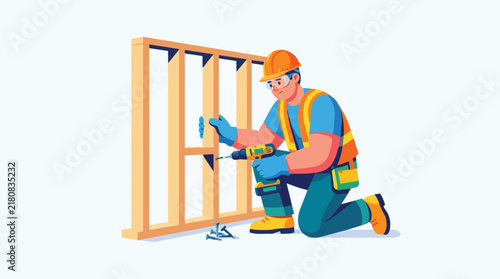 Construction Worker Installing Wooden Frame