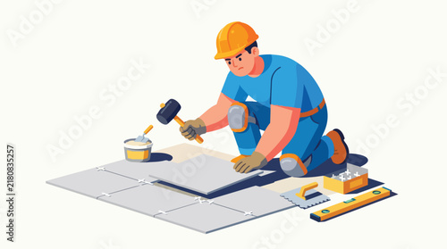Construction Worker Laying Floor Tiles