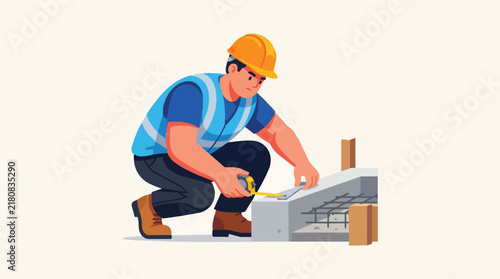 Construction Worker Measuring Building Foundation