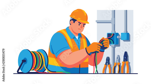 Electrician Working with Wiring and Tools