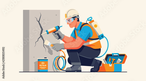Handyman repairing cracked wall with spray tool