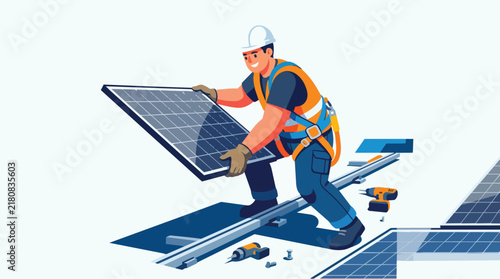 Worker installing solar panel on roof
