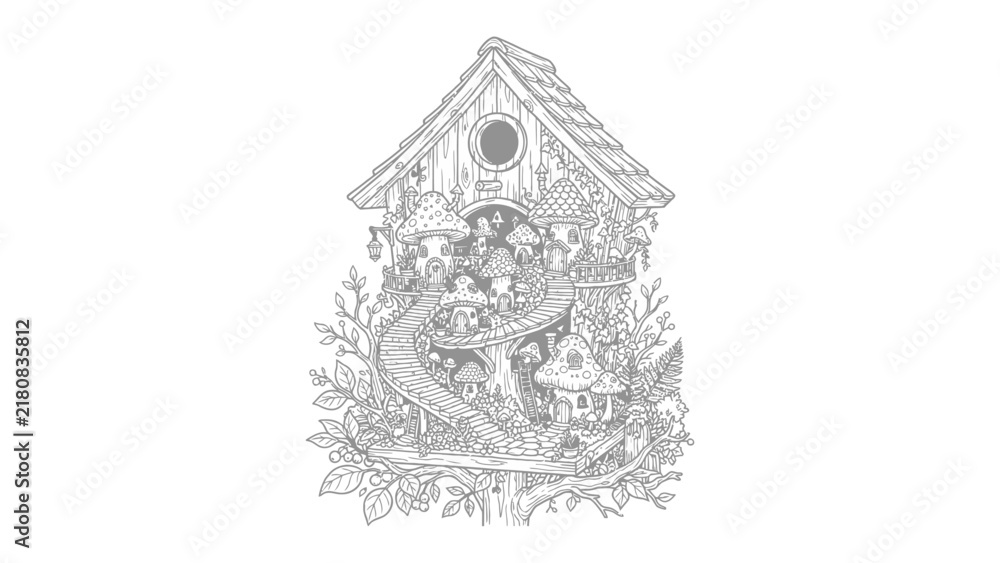 Fototapeta premium Whimsical Mushroom Village Illustration: A charming, intricately detailed illustration depicts a tiny village nestled within a mushroom, complete with winding paths, whimsical structures.