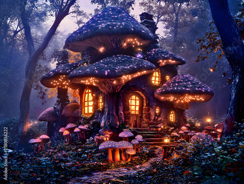 Enchanted Fairy Tale Cottage with Glowing Mushrooms in a Magical Forest